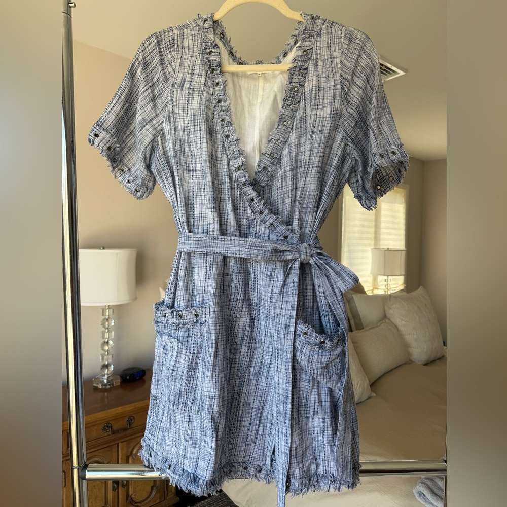 Tularosa Rocky Dress in Deep Blue. Wrap Dress w/ Grommets &  Frayed Trim, sz M